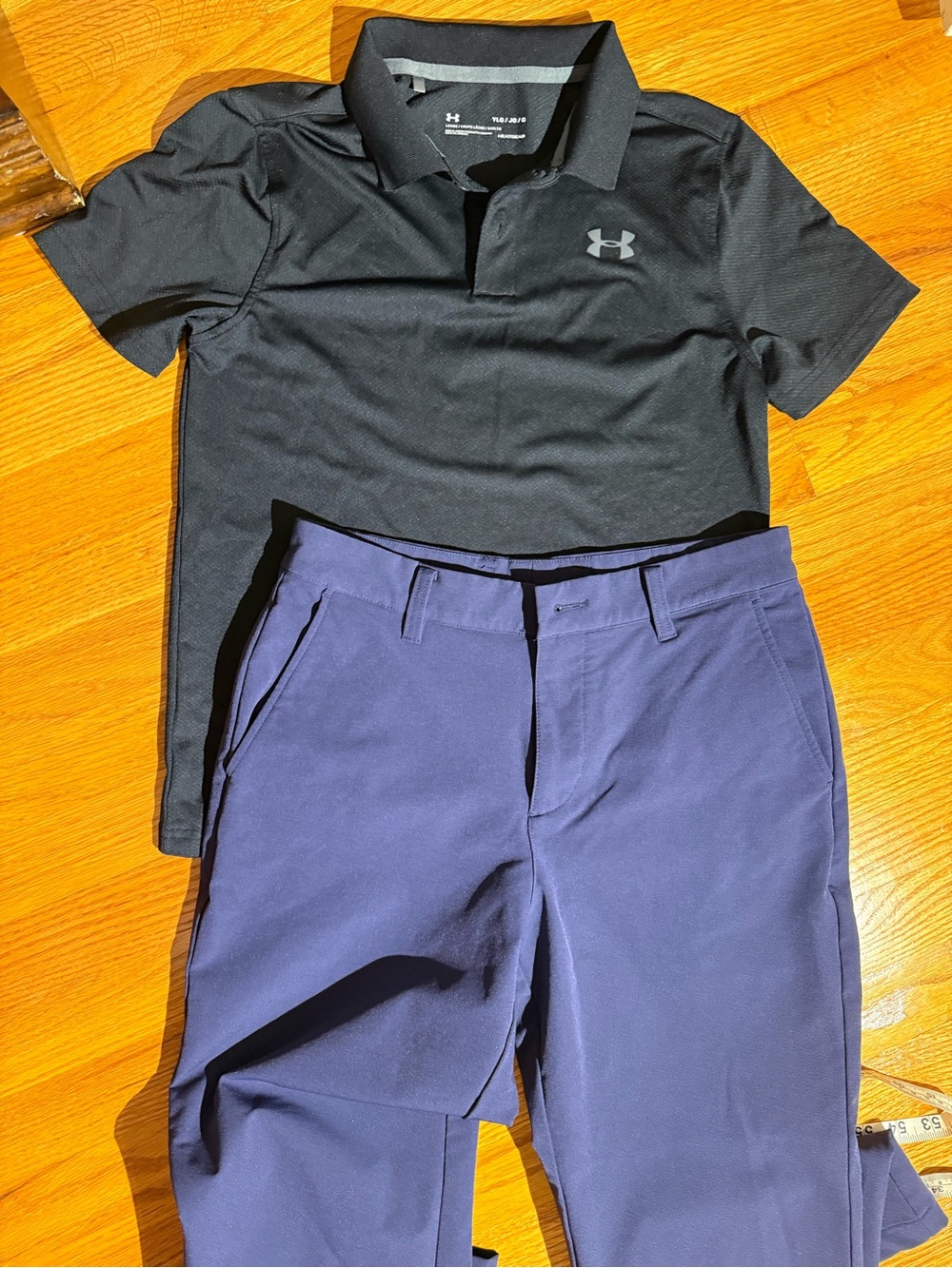 Boys' navy Puma athletic pants paired with an Under Armour shirt | XL